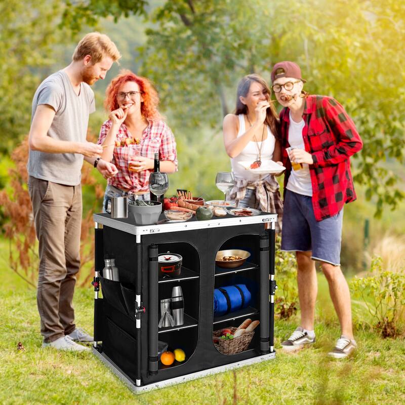 EAGLE PEAK Double Outdoor Folding Camping Table with Large 3-Tier Storage Organizer, Black