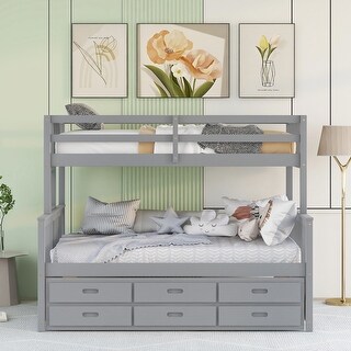 Wooden Twin-Over-Full Bunk Bed with Twin Size Trundle and 3 Drawers, Solid Wood Detachable Bunkbeds Frame, Space-Saving Design