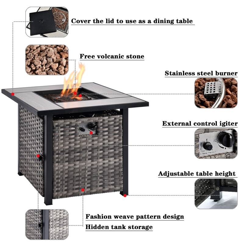 OVIOS Grey Wicker 6-piece Patio Furniture Set Swivel Rocking Chair With Fire Pit