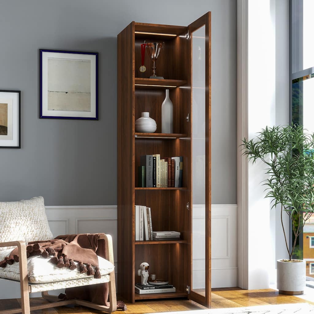 Roomfitters Display Cabinet with 5 Shelves LED Lights Modern Wooden Glass Door Bookshelf Slim Curio Storage Tower, Walnut