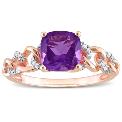 Miadora Cushion African Amethyst and 1/10ct TDW Diamond Link Engagement Ring in 10k Rose Gold