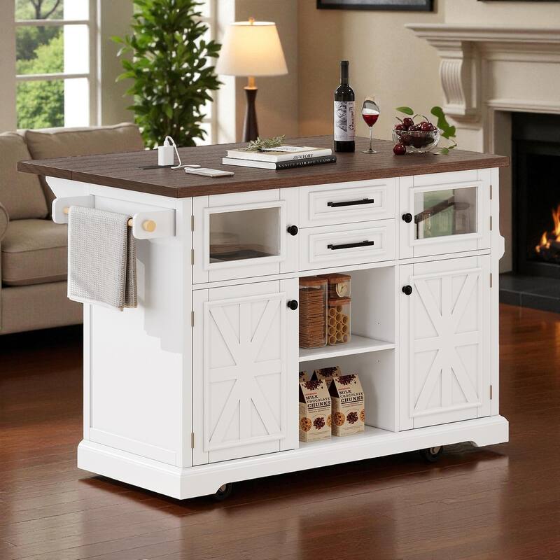 54.9" Farmhouse Kitchen Island with Drop Leaf, Power Outlet, Glass Door, 4 Storage Shelves & Barn Doors on Wheels - White