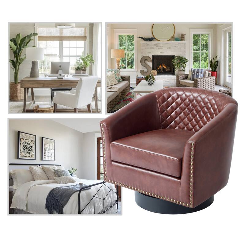 Modern Armchair Faux Leather Nailhead Trim Swivel Accent Chair