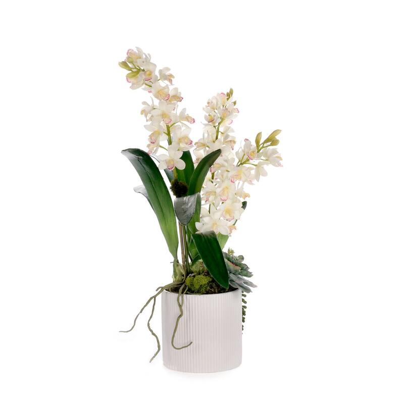 Real Touch White Cymbidium Orchid Arrangement in White Pot