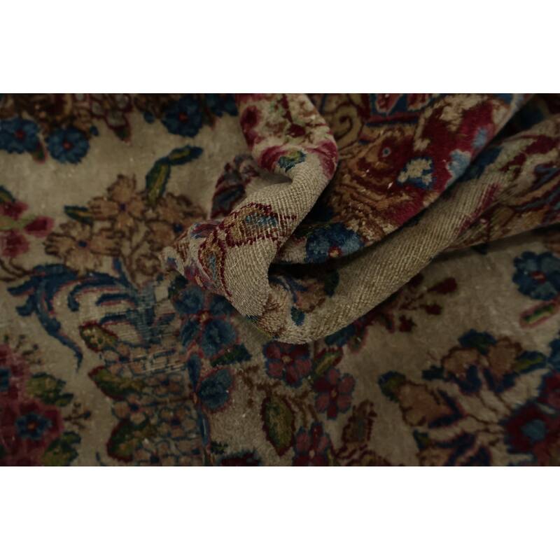 Hand Knotted Oriental 100% Wool Carpet Traditional Floral Beige & Ivories Kerman Runner Rug - 19' 3'' X 3' 1''