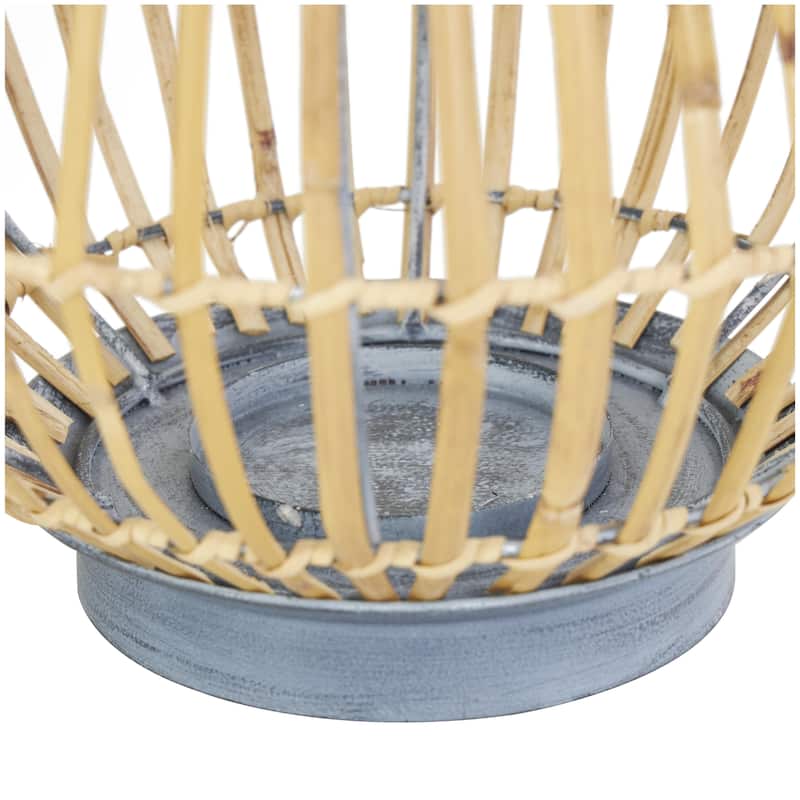 Bamboo Wood Handmade Open Framed Indoor Outdoor Candle Lantern with Blue Metal Accents and Handle - Brown - Roche River Decor