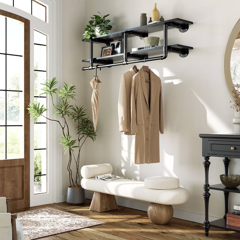Floating Pipe Heavy-Duty Garment Rack, Wall-Mounted Closet Organizer with Storage Shelves