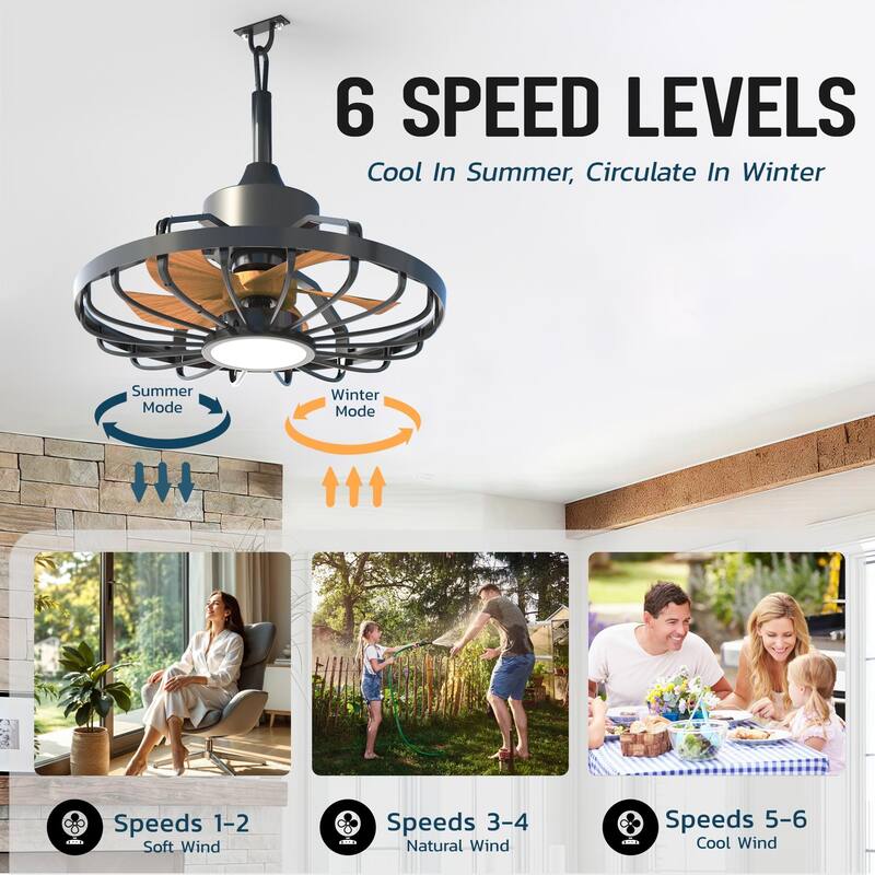 20" Outdoor Ceiling Fan with Light, 6-Speed Reversible Motor, Waterproof Caged Fan for Patio, Gazebo, Kitchen.