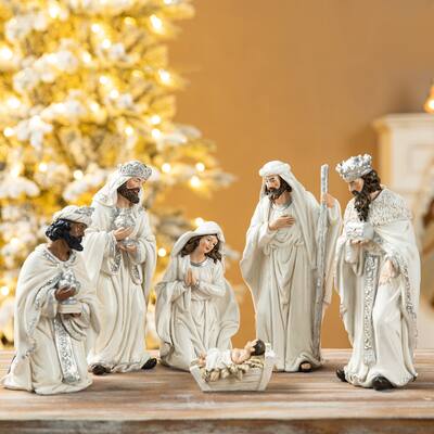 Glitzhome 6 Pcs Ivory Resin Nativity Figurine Set