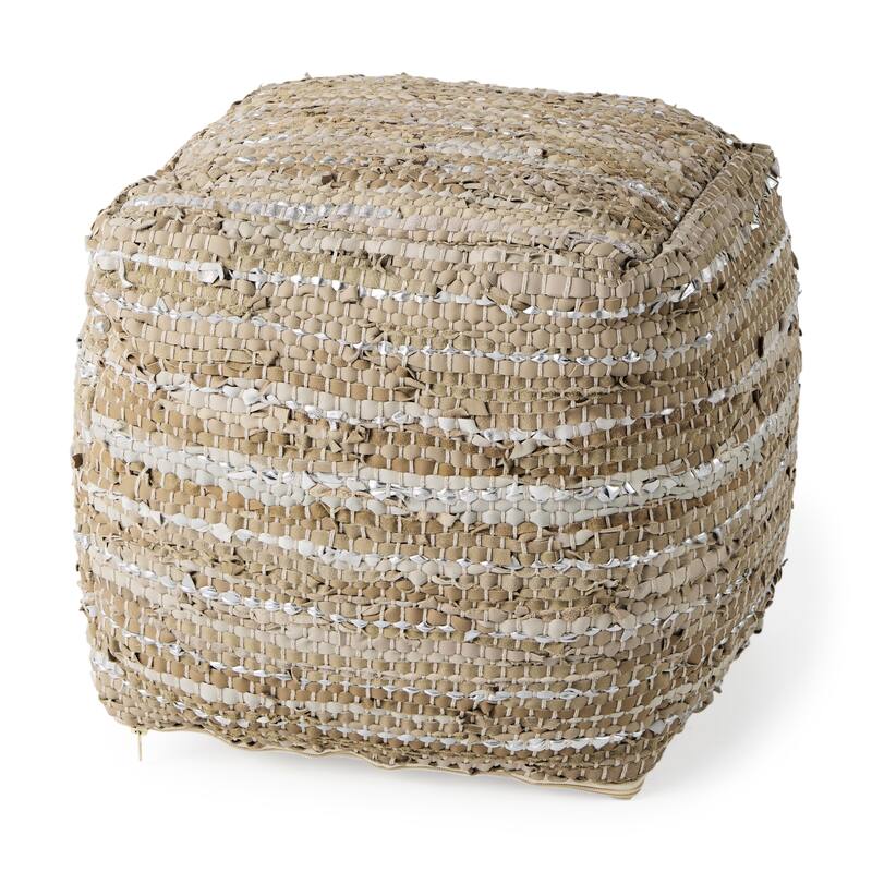 Mercana "Aadhya" Taupe & Silver Leather / Cotton Square Pouf - Taupe & Silver