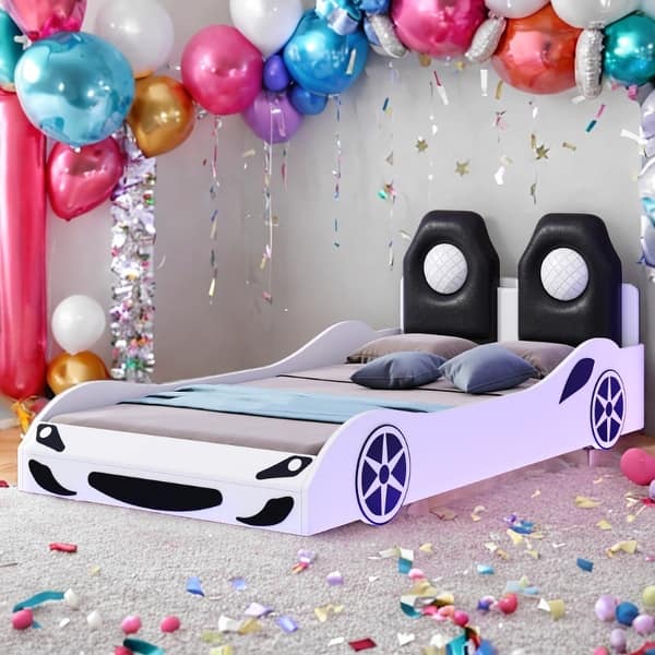 slide 2 of 13, Wood Car-Shaped Twin Size Platform Bed with LED White