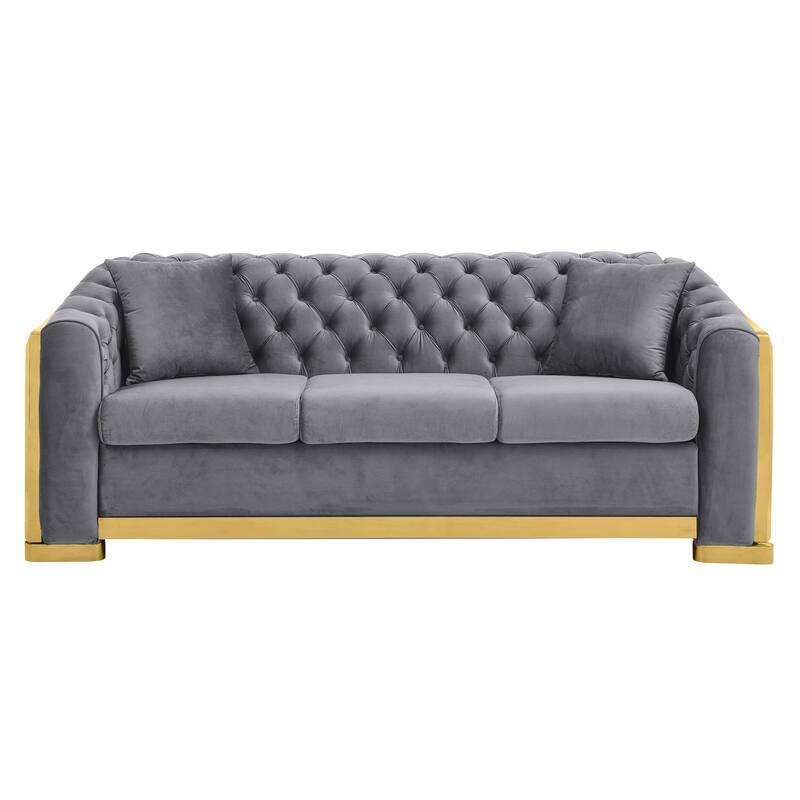 Velvet Chesterfield Sofa with 2 Pillows, Tufted Upholstered 3 Seater Sofa, Accent Sofa with Rolled Arms & Stainless Legs