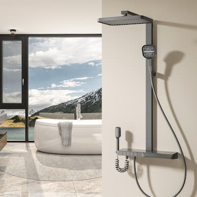Exposed Wall Mounted Square Slide Bar Showerhead & 3-mode Handheld Shower