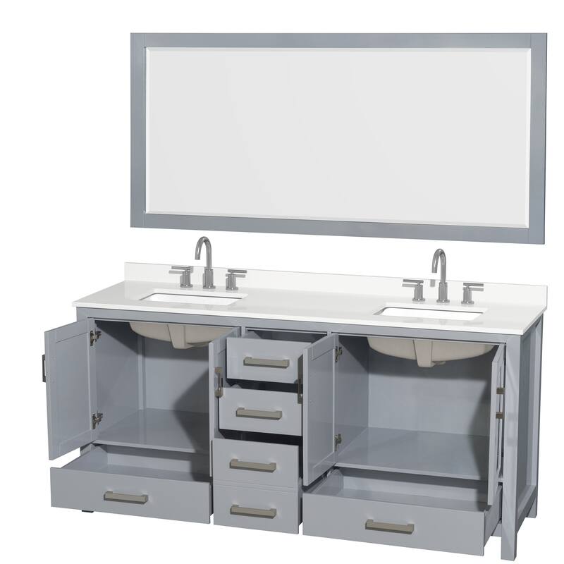 Sheffield 72-inch Double Vanity, 3 Hole Quartz Top, 70-inch Mirror