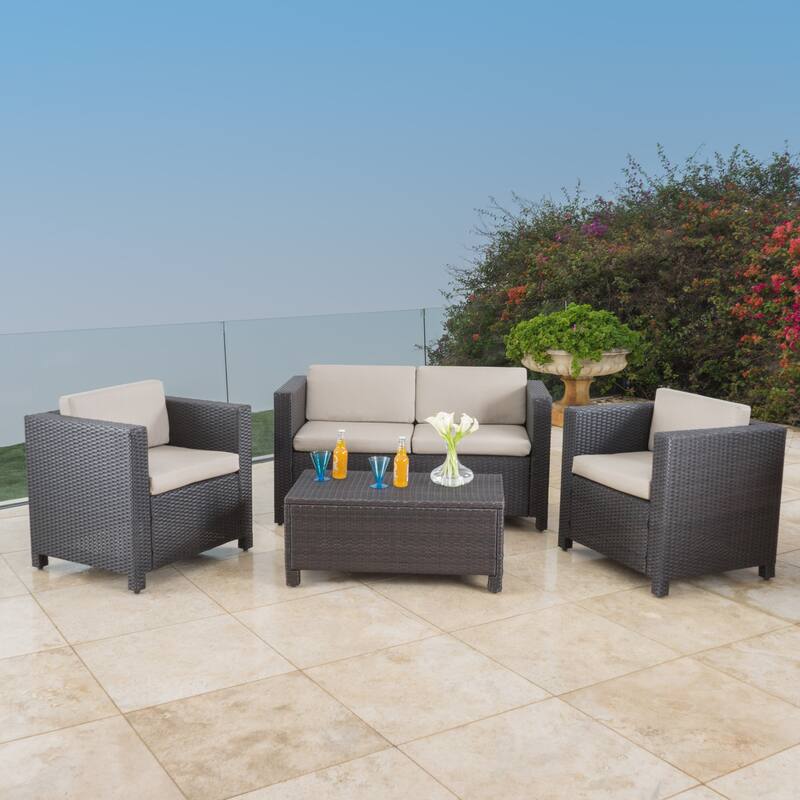 4 Piece Outdoor Patio Furniture Set All-Weather Rattan Conversation Sofa Sets with Coffee Table