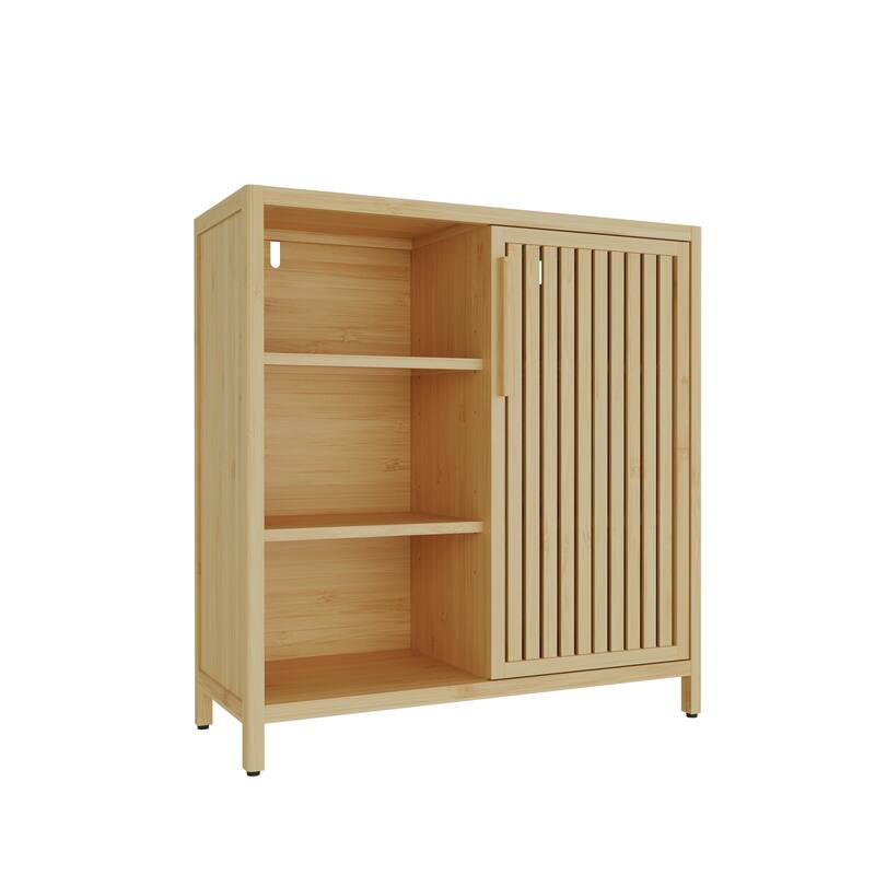 Bamboo Storage Cabinet with Doors and Open Shelves, Narrow Freestanding Accent Cabinet Bathroom High Cabinet