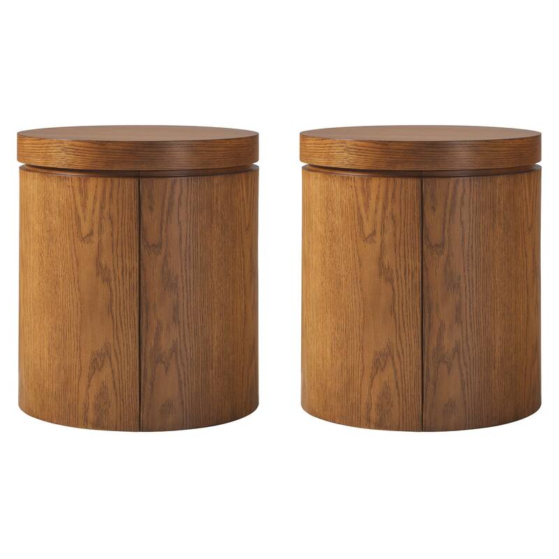 Walker Edison Modern Solid Oak Wood Round Side Tables with Storage (Set of 2)
