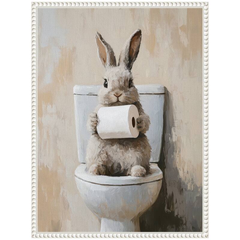 Kate and Laurel Sylvie Cute Bunny Toilet Paper Roll Toilet Bathroom Art Framed Canvas by The Creative Bunch Studio