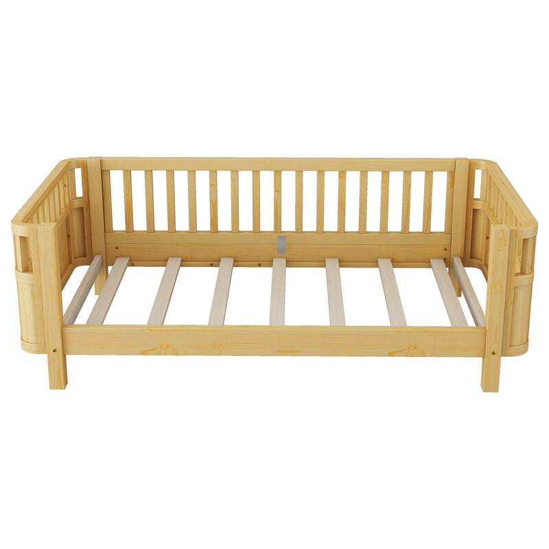 Modern Wood Platform Bed with Safety Rails for Kids
