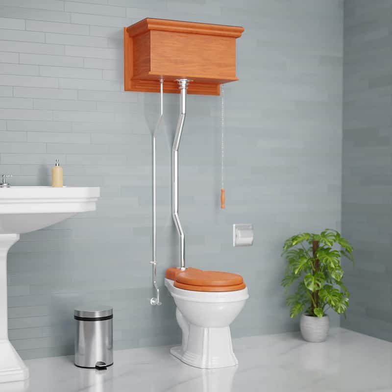 Light Mahogany Wooden High Tank Toilet Flat Tank, Satin Z Pipes and Elongated White Bowl