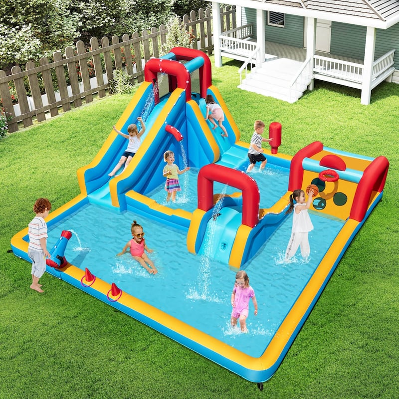 Costway Inflatable Water Park with Climbing Wall Boxing Post - Multi-Colored