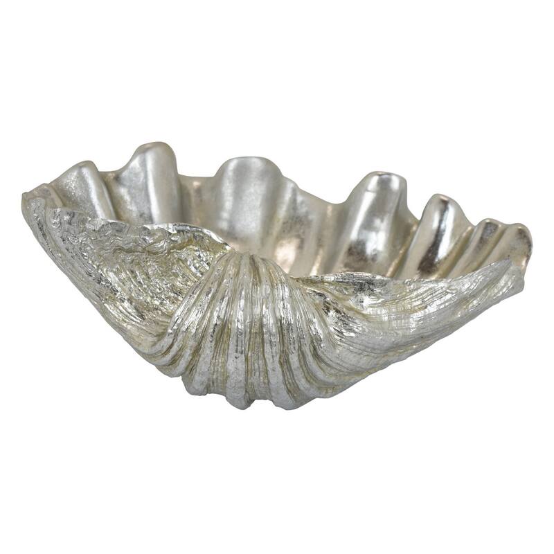 Coastal Seashell Decorative Bowl, Textured Chrome Silver Resin 19 Inch
