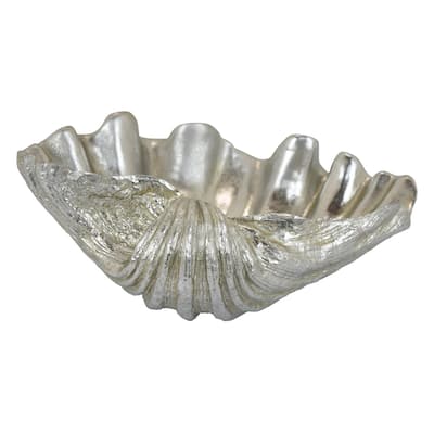 Coastal Seashell Decorative Bowl, Textured Chrome Silver Resin 19 Inch