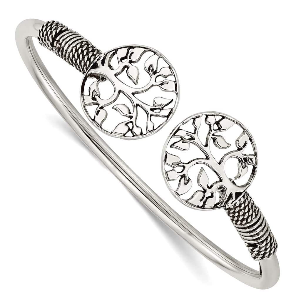 Curata 925 Sterling Silver Antiqued Tree of Life Adjustable Bangle Bracelet