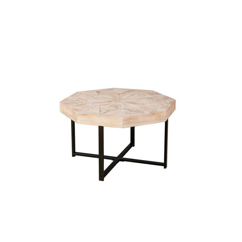Vintage Center Table Octagonal Coffee Table Living Room End Table with Patchwork Solid Wood Tabletop and Crossed Metal Legs