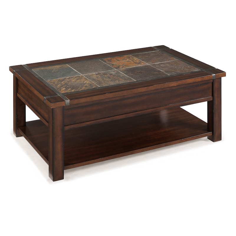 Magnussen Home Roanoke Cherry and Slate Rectangular Lift Top Cocktail Table with Casters - 50''W x 30''D x 19''H - Wood/Slate