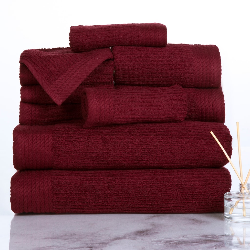 10-Piece Bath Towel Set - Luxurious 100% Cotton Ribbed Pile Absorbent Towels by Lavish Home (Burgundy)