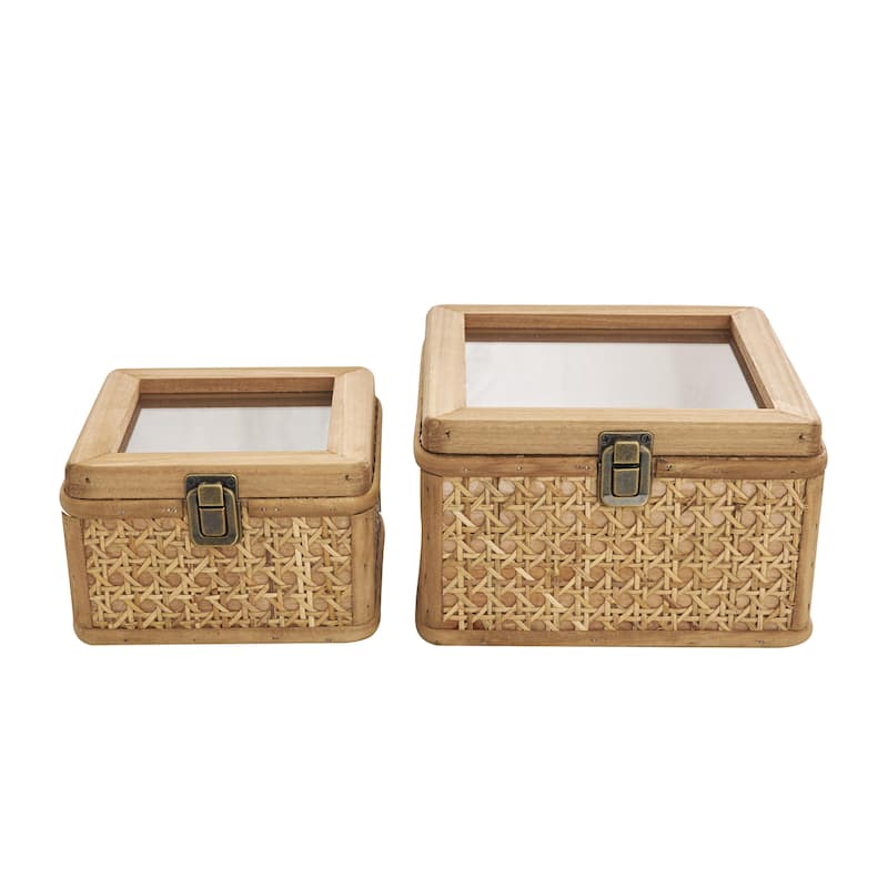 Rattan Handmade Woven Rattan Box with Glass Tops and Bronze Latches - Set of 2 Brown - Roche River Decor