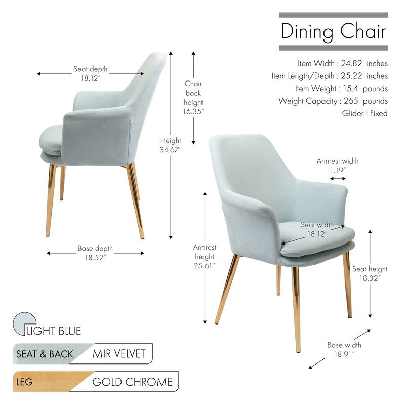 Porthos Home Dak Dining Chair with Armrests, Velvet, Gold Chrome Legs