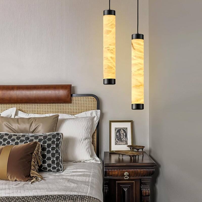 KAYLA Natural Alabaster Pendant Light - Brass Cylinder Marble Long Hanging Light - 19in