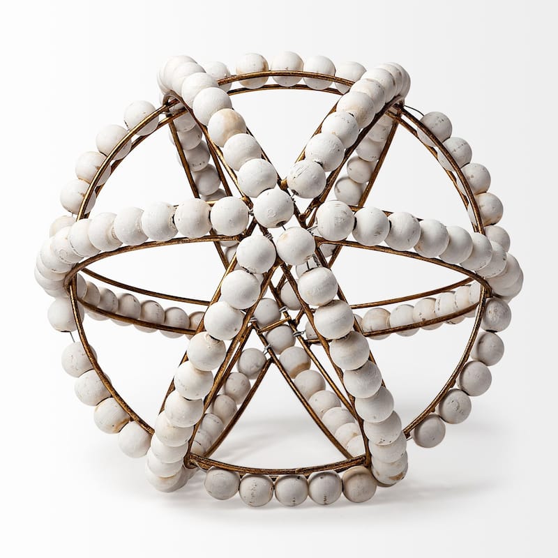 White Wooden Bead and Gold Orb Sculpture