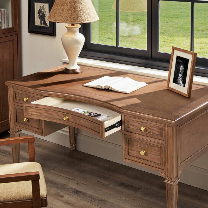 Dauphin 55" Modern Farmhouse 5-Drawer Solid Wood Executive Desk - Natural Brown Ash Wood