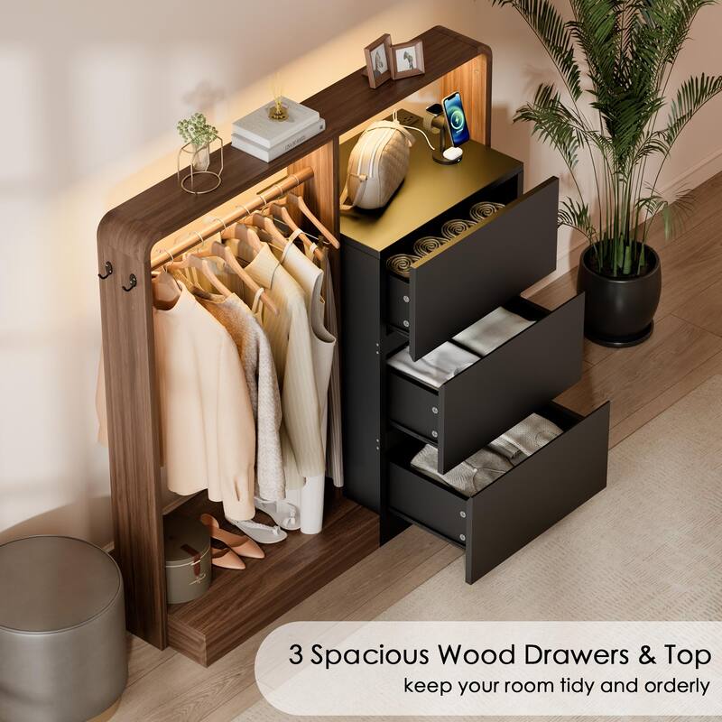 Dresser for Bedroom with Hanging Closet, 3 Drawers Dresser with LED Lights & Charging Station