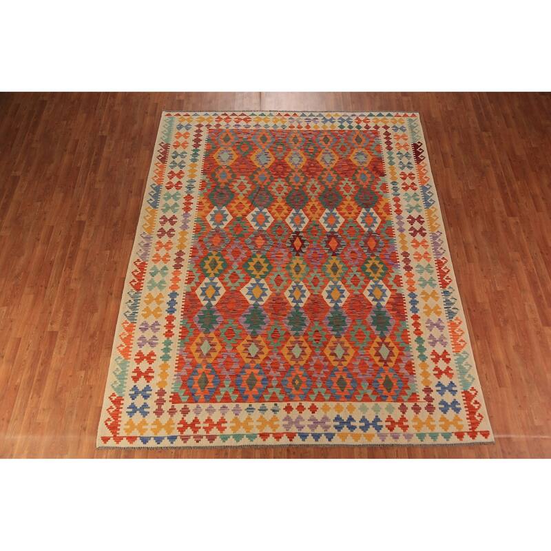 Reversible Kilim Oriental Area Rug Hand-Woven Wool Carpet - 8'1" x 10'4"