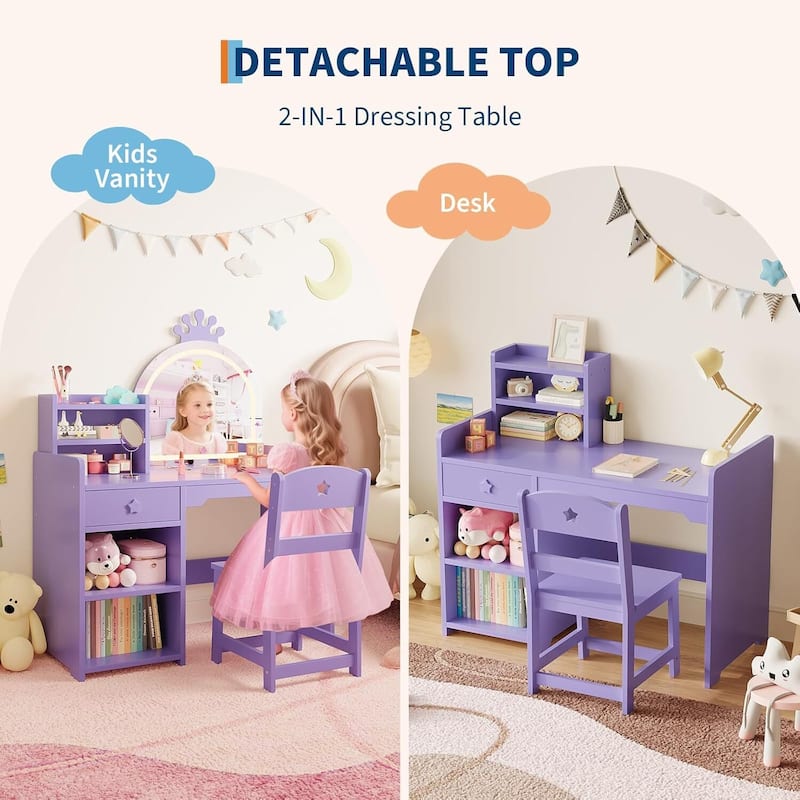 2-in-1 Princess Makeup Vanity Desk & Chair Set for Girls Best Gift
