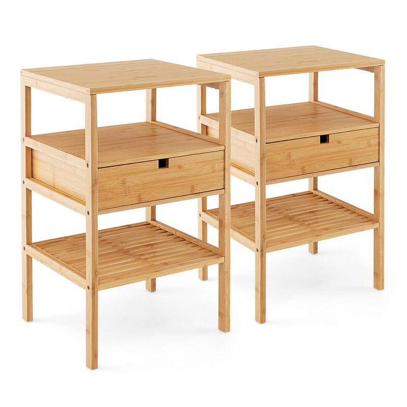 Gymax Bamboo Nightstands Set of 2 w/ Pull-out Drawer and Storage Shelf