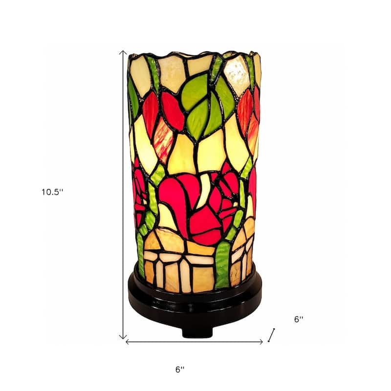 HomeRoots 14" Red Green and Black Floral Stained Glass Accent Lamp - 8