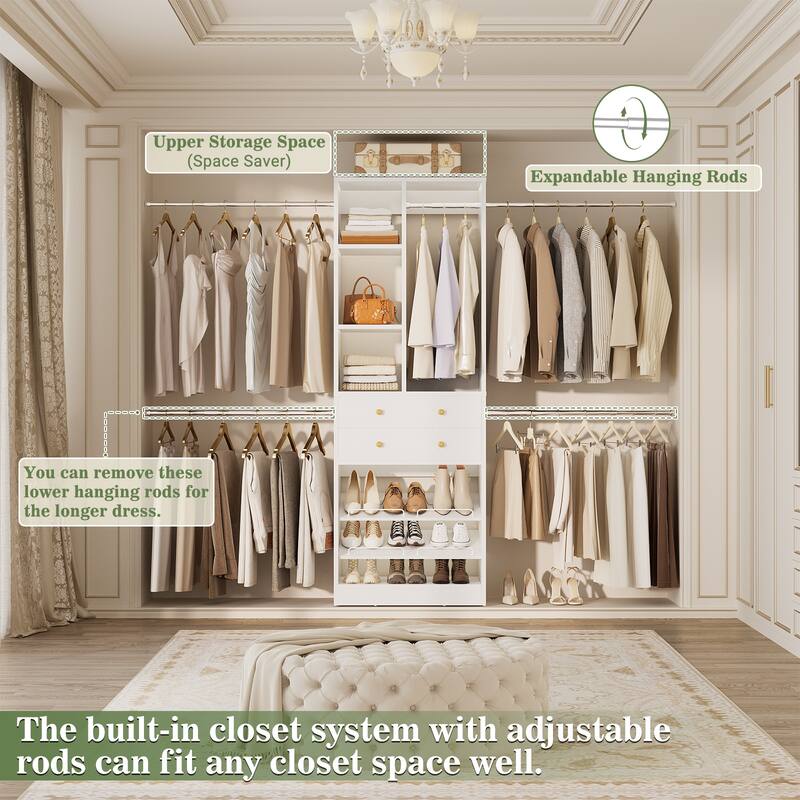 Closet Organizer with 5 Hanging Rods and 2 Drawers, Adjustable Closet System with Shelves and Shoe Rack