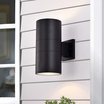 2-Light Matte Black Cylinder Outdoor Wall Sconce - W 5-3/4" x E 8-1/2" x H 11-3/4"