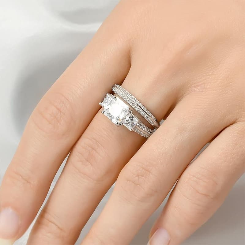 3.0 Carat Princess Cut Wedding Band Engagement Ring Set Bridal Silver