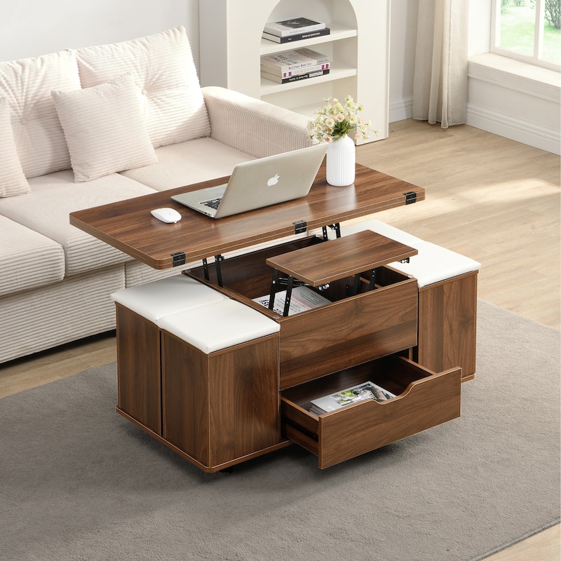 Multi-Functional Lift-Top Coffee Table with Hidden Storage and Drawer, Modern Center Table with 4 Storage Stools and Casters - Walnut