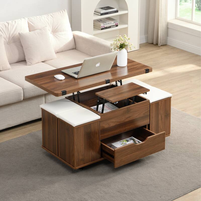 Multi-Functional Lift-Top Coffee Table with Hidden Storage and Stools,Table with 4 Stools and Casters - Walnut+White