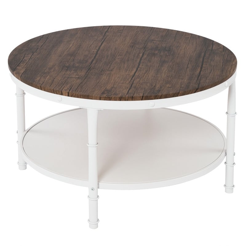Double-layer Round Dark Walnut-colored Black-veined MDF Panel, White Wrinkled Baked Iron Frame, Industrial Style Coffee Table