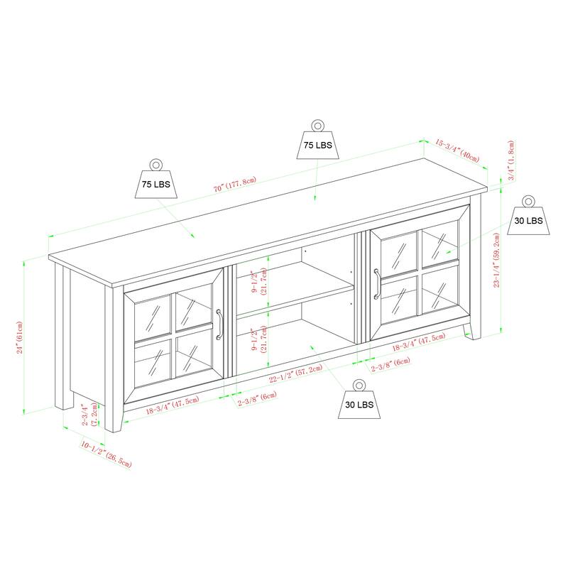 Stylish 70-Inch Farmhouse TV Stand with Windowpane Glass Doors for 80" TVs