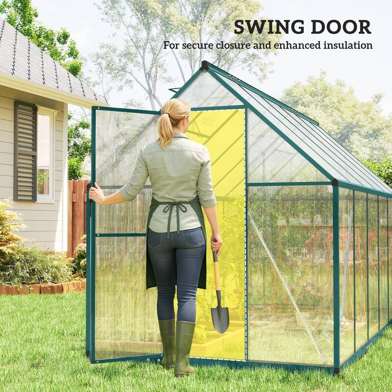 Outsunny 11x6 ft Polycarbonate Greenhouse with Swing Door and Two Adjustable Roof Vents, Aluminum Walk-in Greenhouse