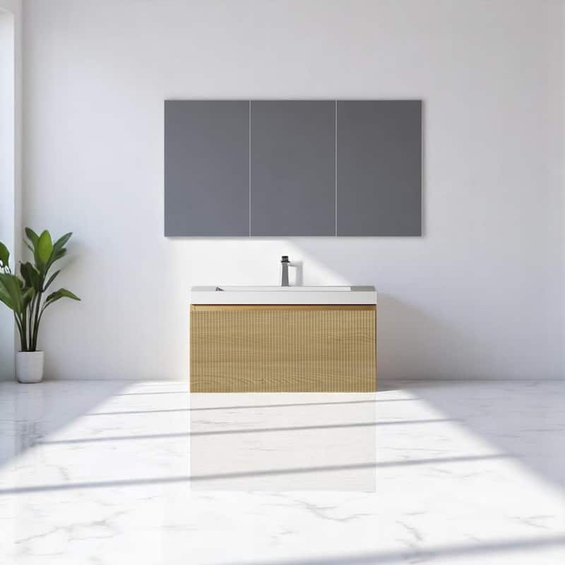 24"/30"/36"/42" Floating Bathroom Vanity Combo with Solid Surface Basin, Natural Oak Storage Cabinet, Modern Design - 30